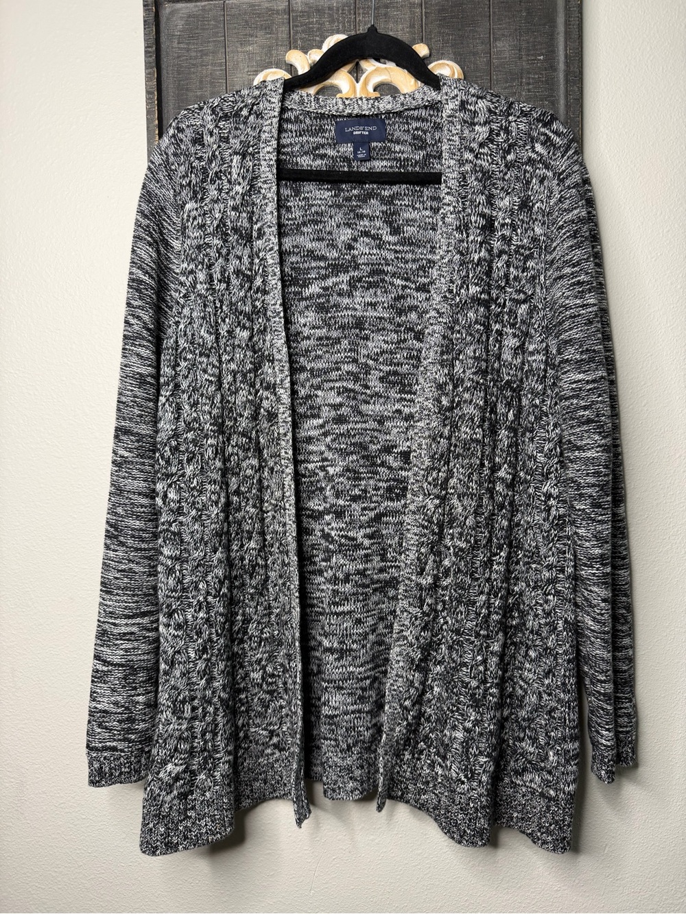Lands End Drifter Cable-Knit Open Cardigan Sweater - Gray